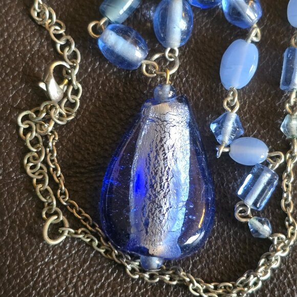 Vintage necklace/earring set:  Ocean blue Murano-style glass pendant - Picture 4 of 7